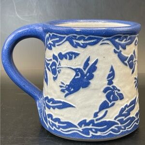 Artisan Blue White Studio Pottery Coffee Mug | Hummingbird Motif Ceramic Cup